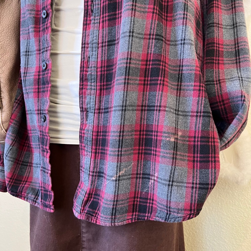 Indie Skater Grunge Oversized Shirt Button Up Long Sleeve Grey Red Flannel Baggy - Picture 3 of 8
